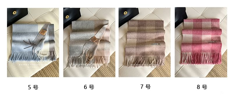 Fringed Wool Applique Lettering Scarf Plaid