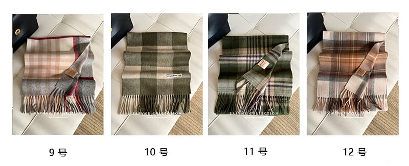 Fringed Wool Applique Lettering Scarf Plaid