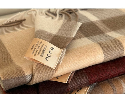 Fringed Wool Applique Lettering Scarf Plaid