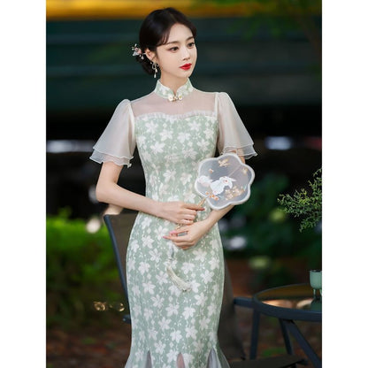 Short-Sleeve Floral Panel Midi Mermaid Qipao