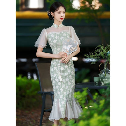 Short-Sleeve Floral Panel Midi Mermaid Qipao