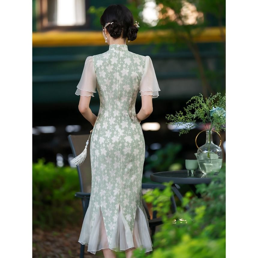 Short-Sleeve Floral Panel Midi Mermaid Qipao