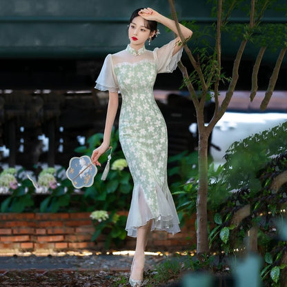 Short-Sleeve Floral Panel Midi Mermaid Qipao