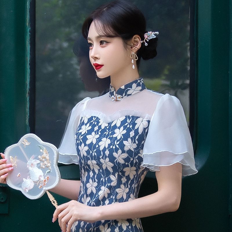 Short-Sleeve Floral Panel Midi Mermaid Qipao