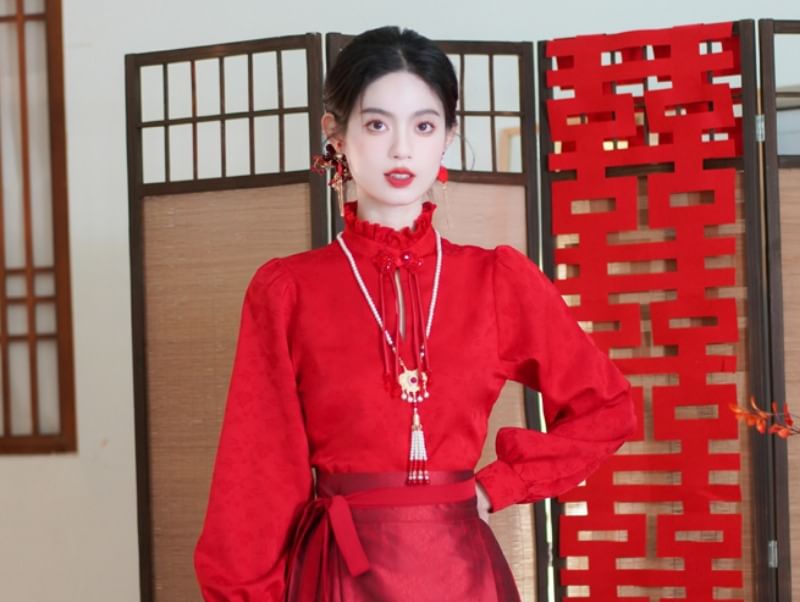 Mock Neck Plain Blouse / Mid Rise Hanfu Patterned Maxi A-Line Skirt / Necklace