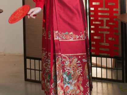 Mock Neck Plain Blouse / Mid Rise Hanfu Patterned Maxi A-Line Skirt / Necklace