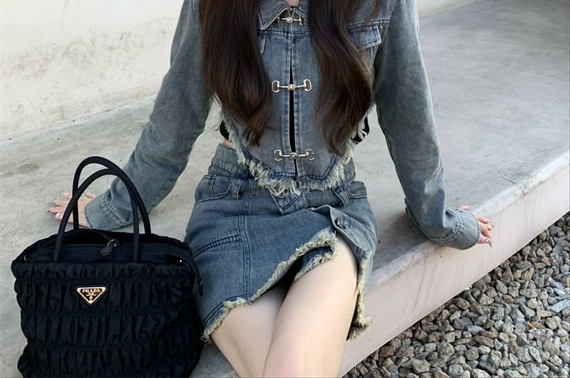 Collar Asymmetrical Fringed Denim Crop Jacket / High Waist Button Front Mini Pencil Skirt / Set