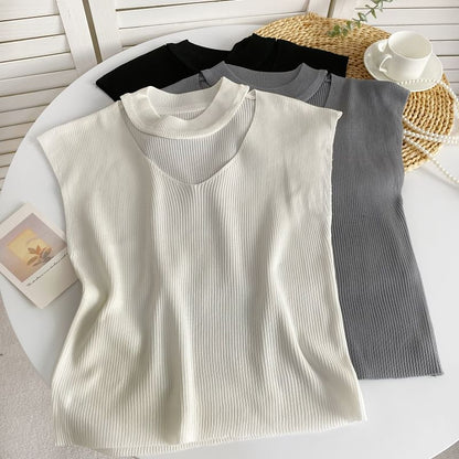 Sleeveless Mock Neck Plain Cutout Ribbed Knit Top