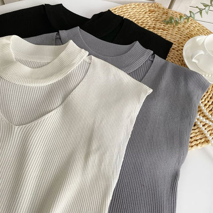 Sleeveless Mock Neck Plain Cutout Ribbed Knit Top