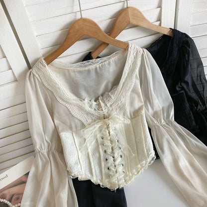 Cinched Sleeve Square Neck Plain Lace Up Panel Lace Blouse