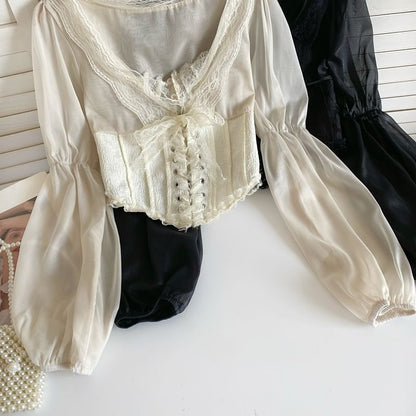 Cinched Sleeve Square Neck Plain Lace Up Panel Lace Blouse