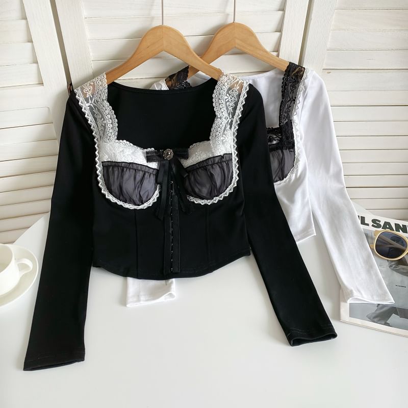 Long-Sleeve Square Neck Embroidered Bow Panel Mesh Top