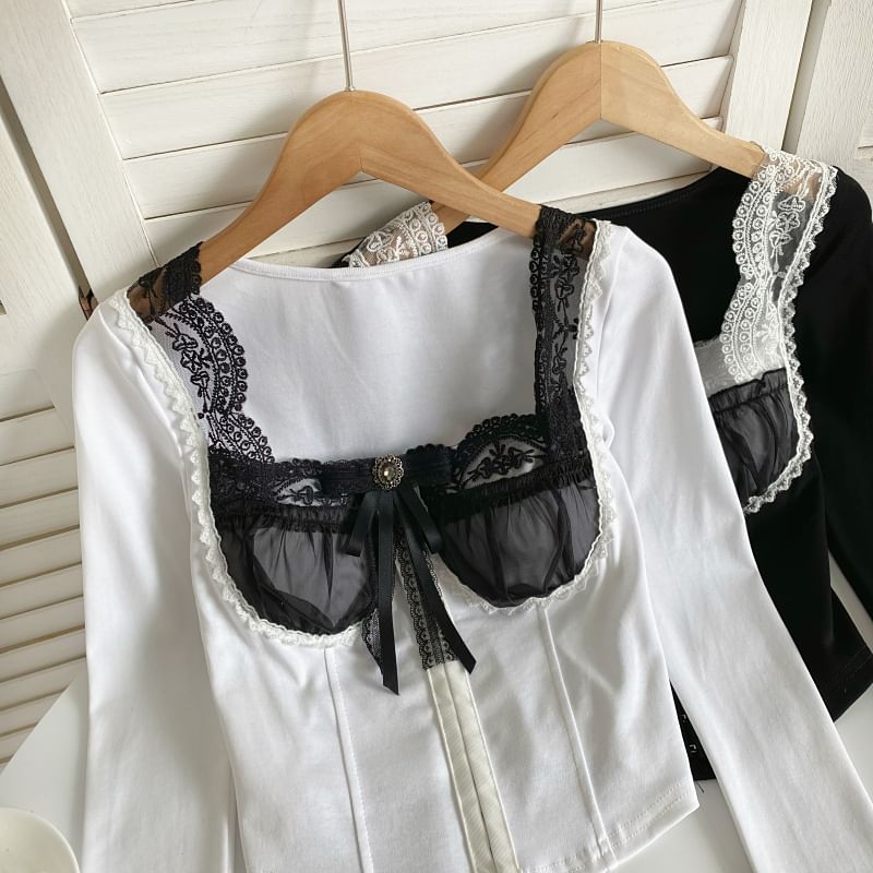 Long-Sleeve Square Neck Embroidered Bow Panel Mesh Top