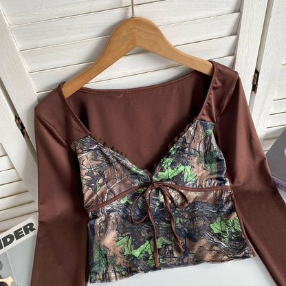 Long-Sleeve V-Neck Patterned Print Tie Front Panel Top