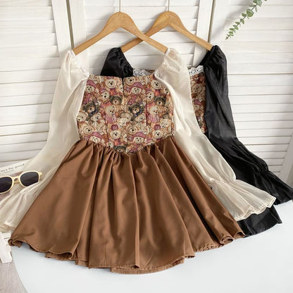 Long-Sleeve Square Neck Bear Patterned Lace Up Panel Mini A-Line Dress