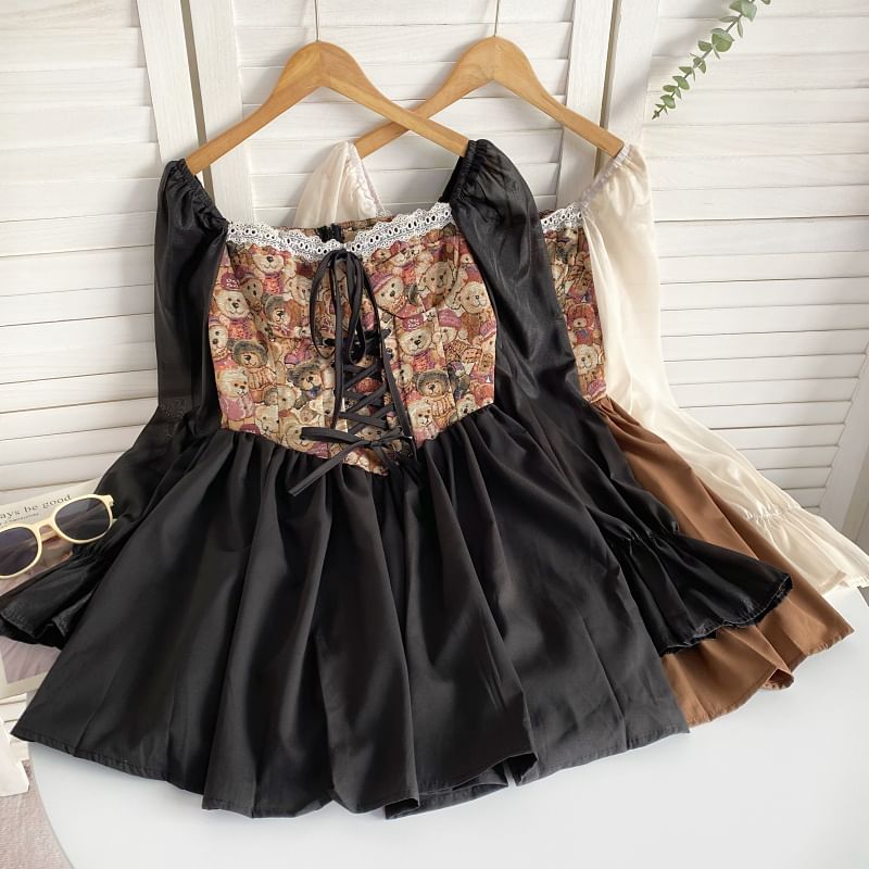 Long-Sleeve Square Neck Bear Patterned Lace Up Panel Mini A-Line Dress