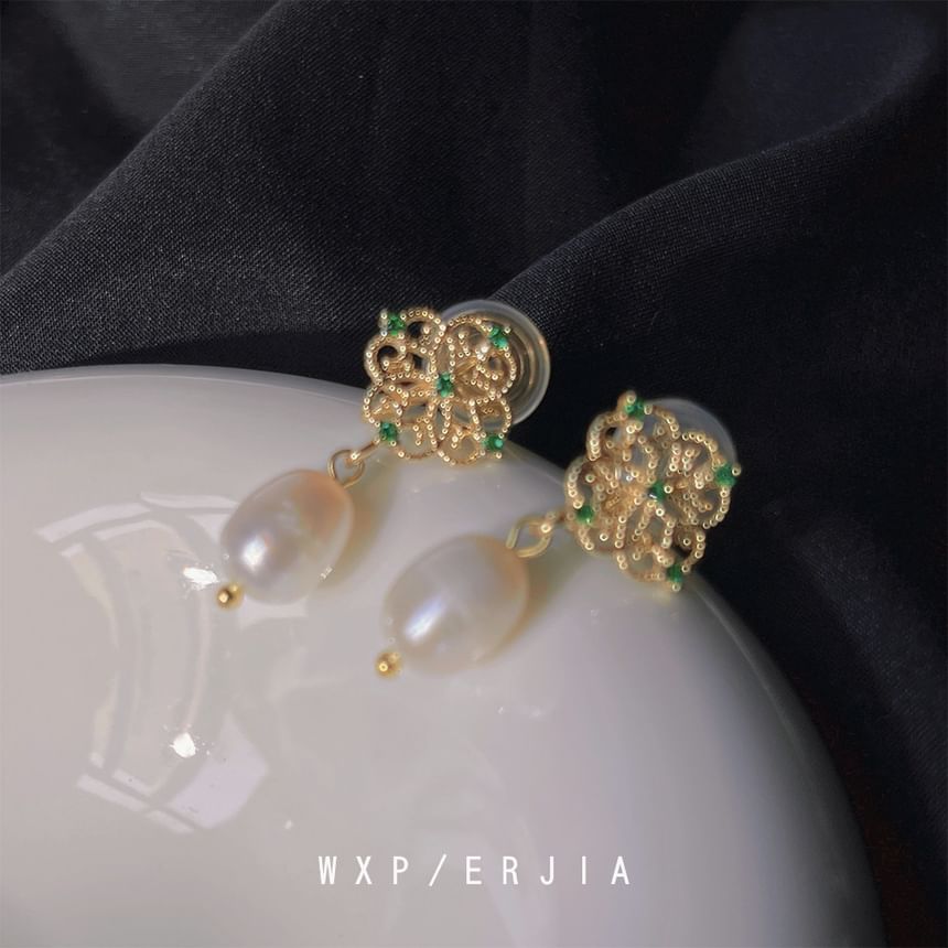 Drop Rhinestone Clip-On Floral Faux Pearl Earring