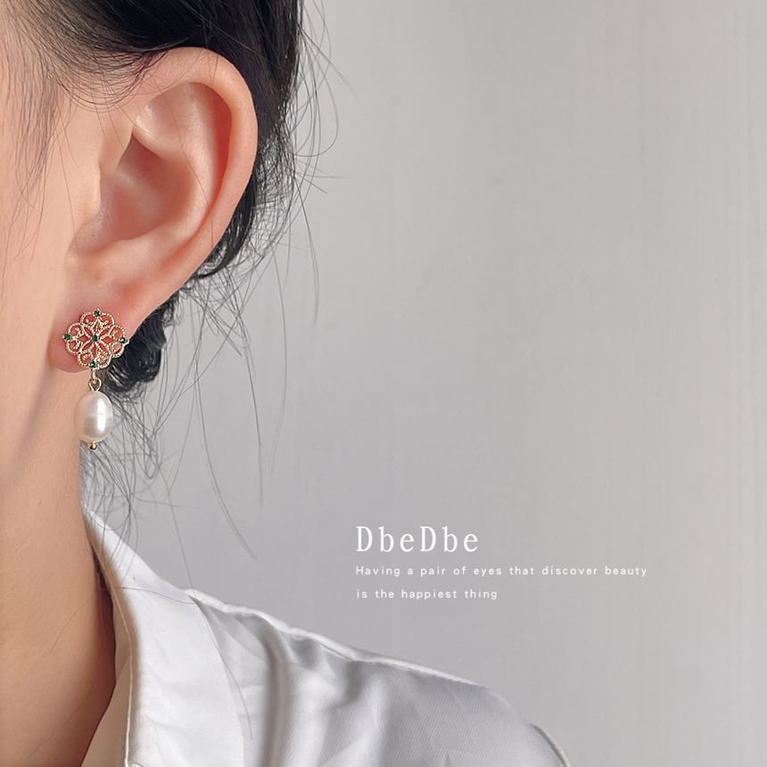 Drop Rhinestone Clip-On Floral Faux Pearl Earring