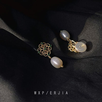 Drop Rhinestone Clip-On Floral Faux Pearl Earring