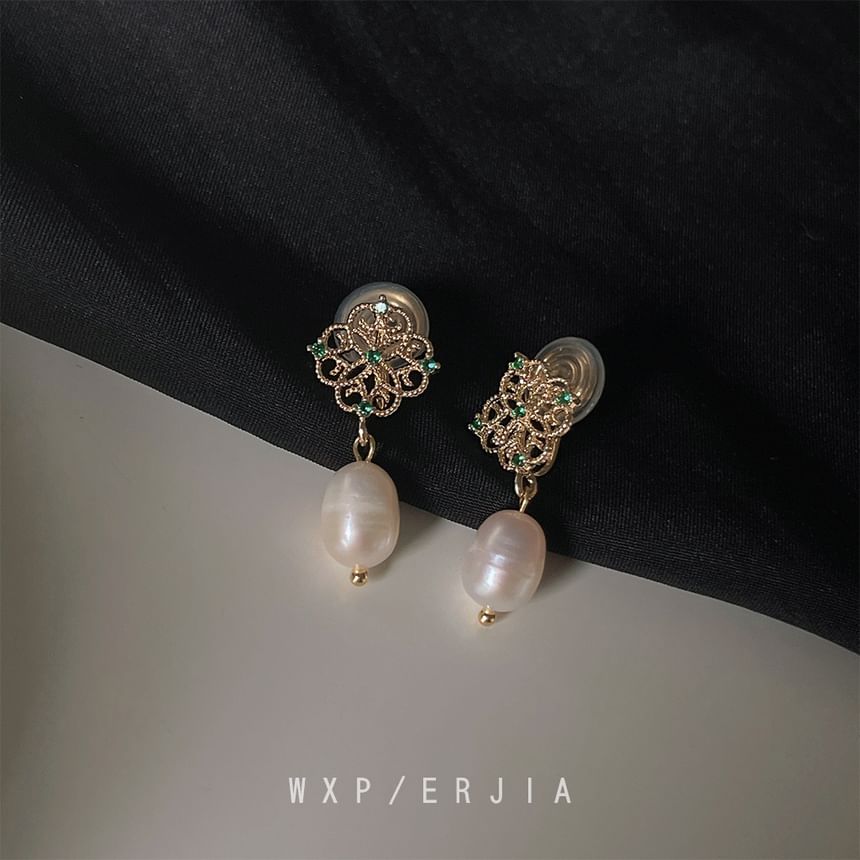Drop Rhinestone Clip-On Floral Faux Pearl Earring
