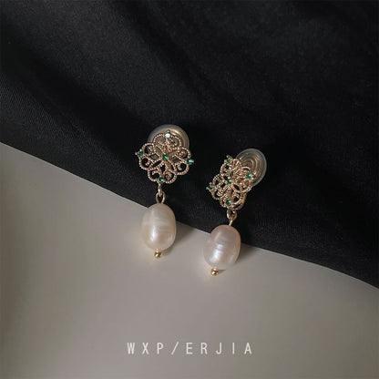 Drop Rhinestone Clip-On Floral Faux Pearl Earring