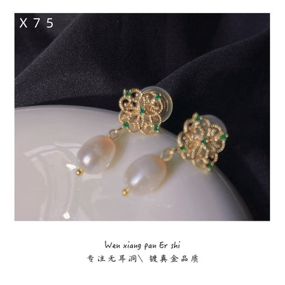 Drop Rhinestone Clip-On Floral Faux Pearl Earring