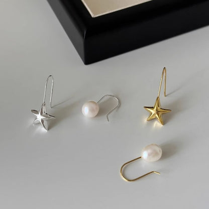 Star Faux Pearl Asymmetrical Alloy Drop Earring