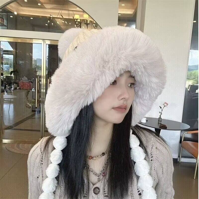 Knit Applique Lettering Fur Hat Faux Trapper