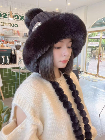 Knit Applique Lettering Fur Hat Faux Trapper
