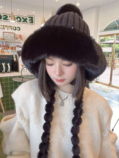 Knit Applique Lettering Fur Hat Faux Trapper