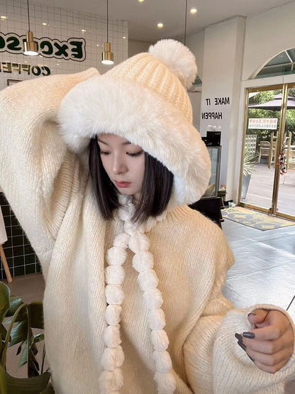 Knit Applique Lettering Fur Hat Faux Trapper