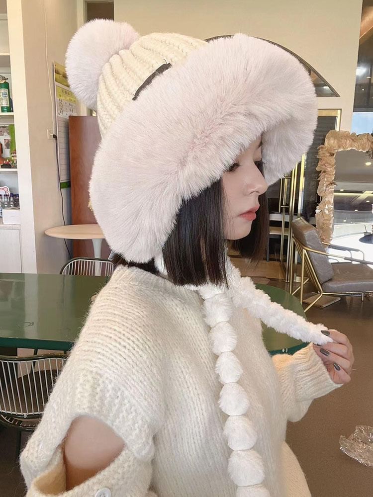 Knit Applique Lettering Fur Hat Faux Trapper
