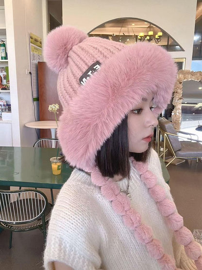 Knit Applique Lettering Fur Hat Faux Trapper