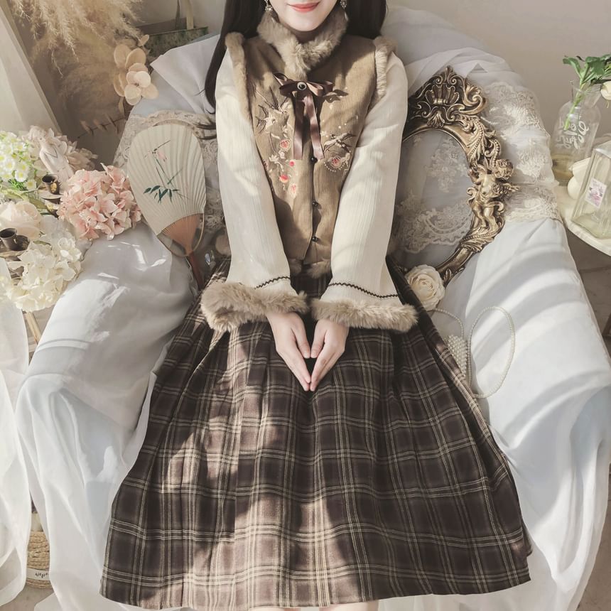 Set: Collared Fluffy Embroidered Mock Two Piece Button Jacket + Mid Rise Plaid Midi A-Line Skirt