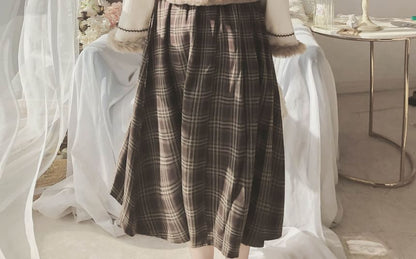 Set: Collared Fluffy Embroidered Mock Two Piece Button Jacket + Mid Rise Plaid Midi A-Line Skirt