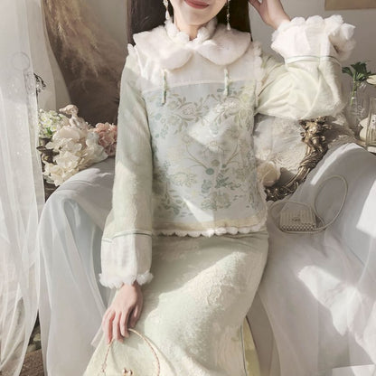 Long-Sleeve Collared Floral Midi Qipao / Embroidered Vest / Set