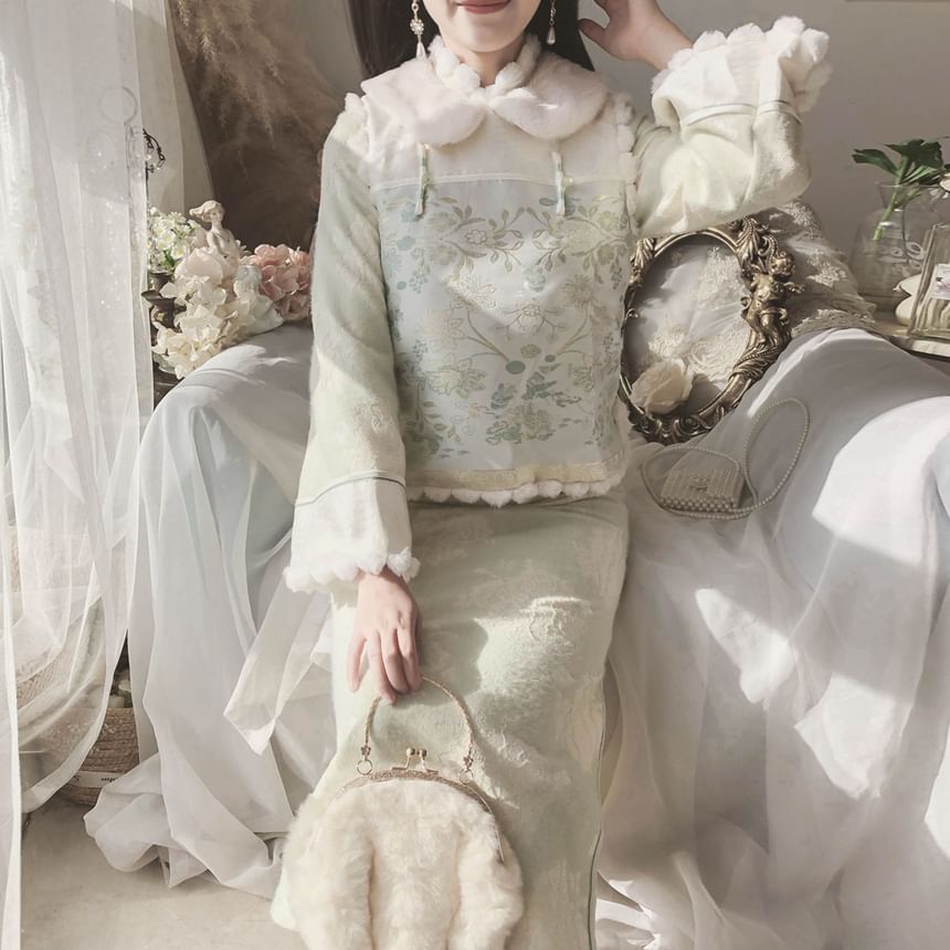 Long-Sleeve Collared Floral Midi Qipao / Embroidered Vest / Set