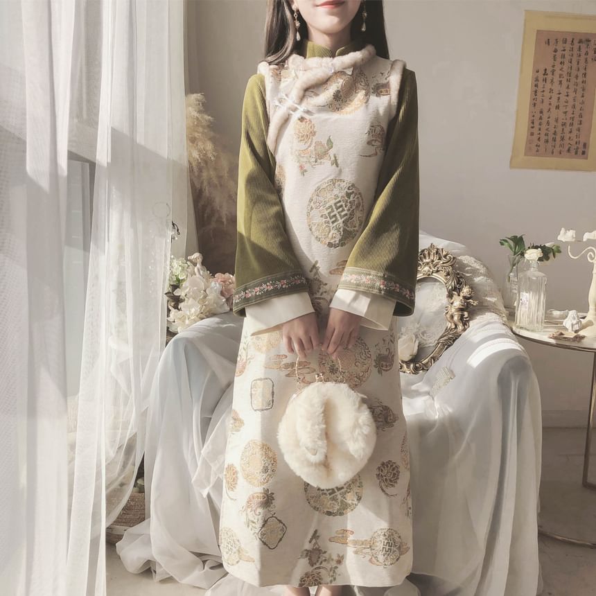 Set: Long-Sleeve Band Collar Embroidered Midi Qipao + Sleeveless Embroidered Midi Dress