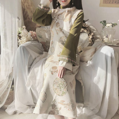 Set: Long-Sleeve Band Collar Embroidered Midi Qipao + Sleeveless Embroidered Midi Dress