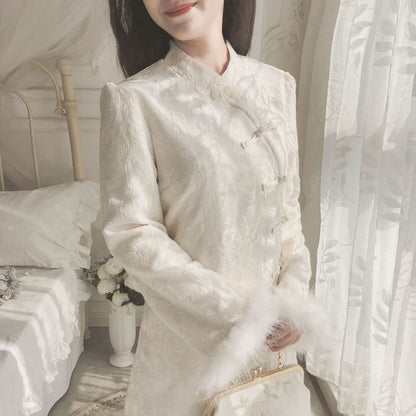 Long-Sleeve Band Collar Floral Fluffy Trim Qipao