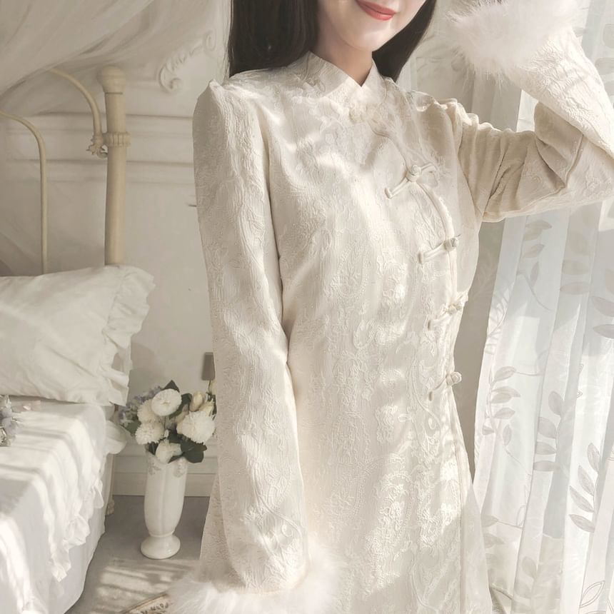 Long-Sleeve Band Collar Floral Fluffy Trim Qipao