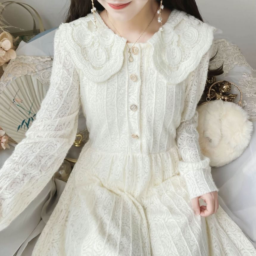 Long-Sleeve Collar Plain Lace Midi A-Line Dress