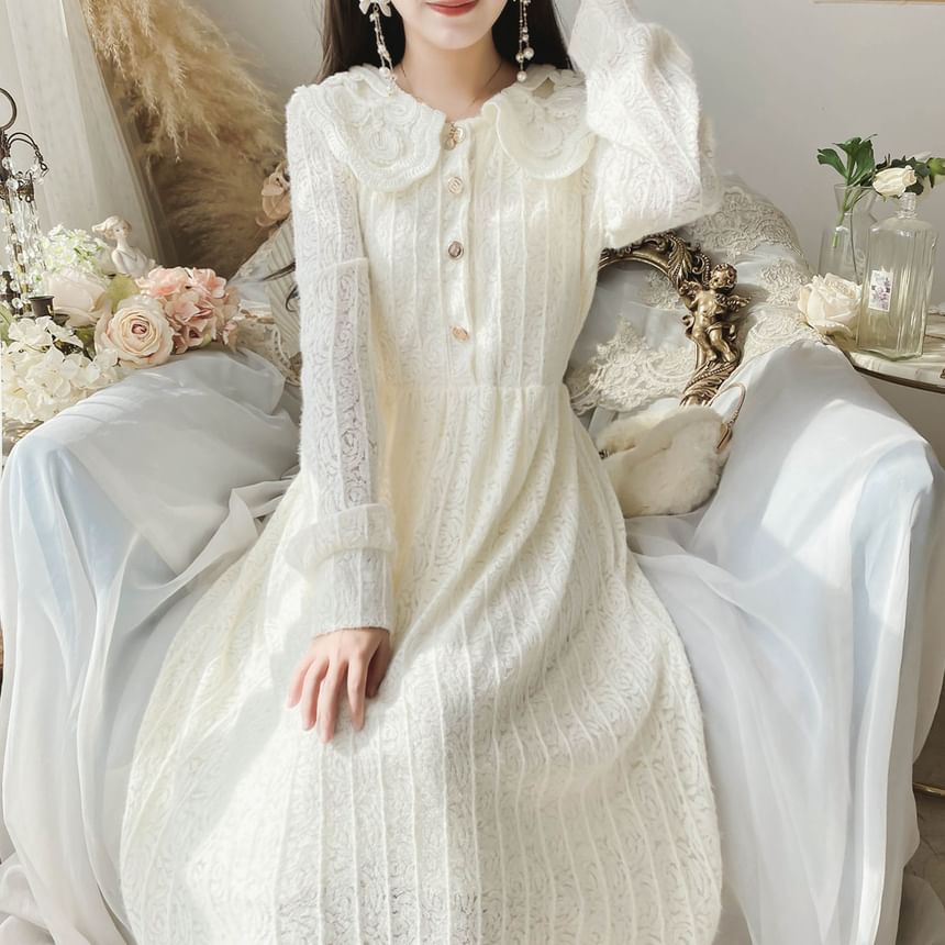 Long-Sleeve Collar Plain Lace Midi A-Line Dress