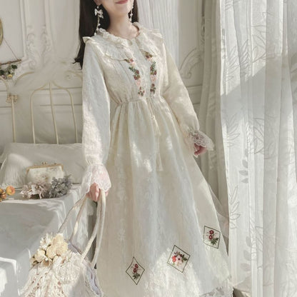 Long-Sleeve Collared Flower Embroidered Lace Trim Midi A-Line Dress