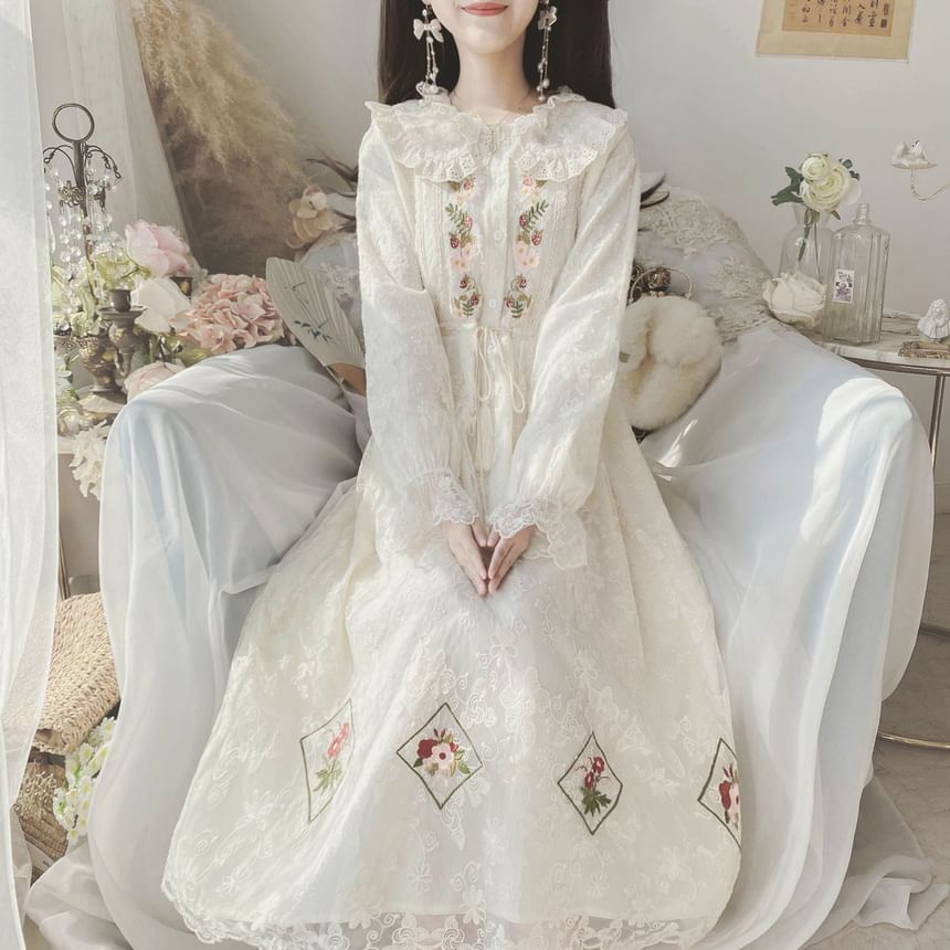 Long-Sleeve Collared Flower Embroidered Lace Trim Midi A-Line Dress