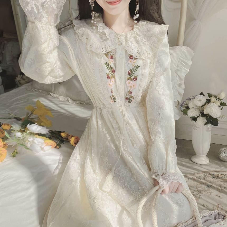 Long-Sleeve Collared Flower Embroidered Lace Trim Midi A-Line Dress