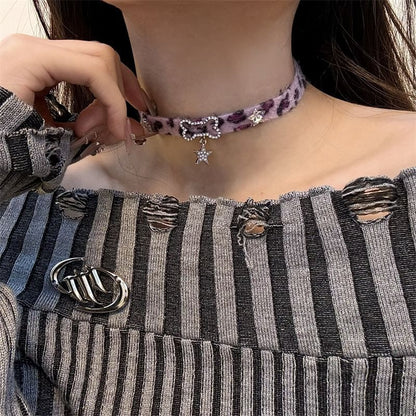 Print Faux Pendant Droplet Pearl Bow Leopard Choker