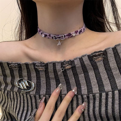 Print Faux Pendant Droplet Pearl Bow Leopard Choker