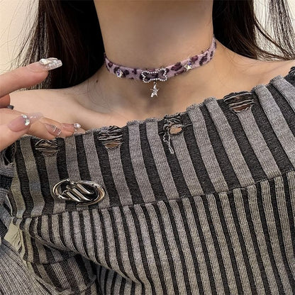 Print Faux Pendant Droplet Pearl Bow Leopard Choker