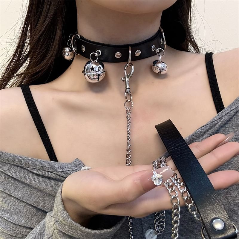 Leather / Choker Leash Bell Faux